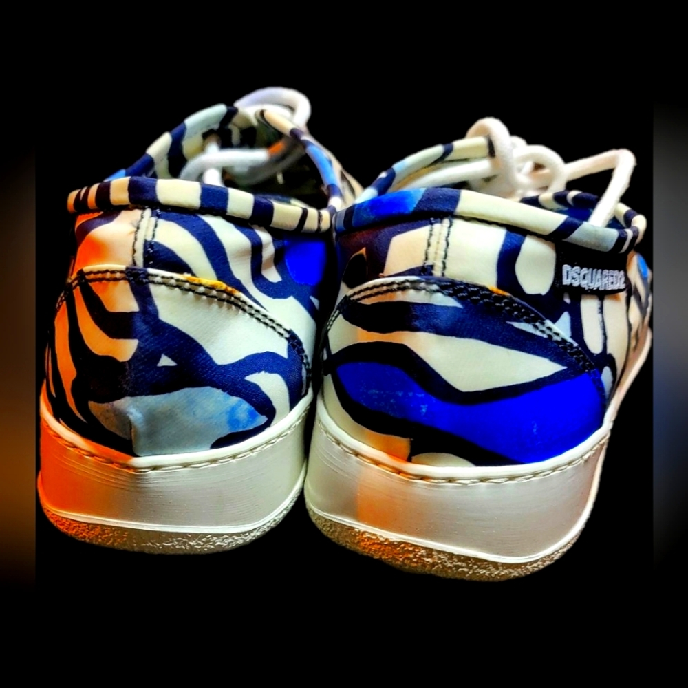 Dsquared2 Men's Canvas Casual Shoe White with Royal Blue and Navy Blue Sqiggles